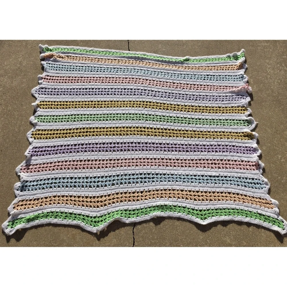 Vintage Handmade Crochet Pastel Striped Blanket Scalloped Edge Throw 53x60